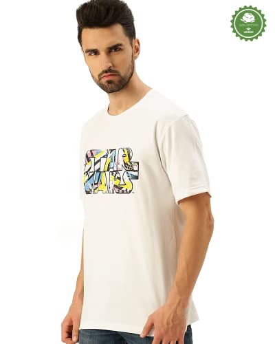 Veirdo White Oversized Cotton Star Wars Print Crew Neck T-Shirt for Men