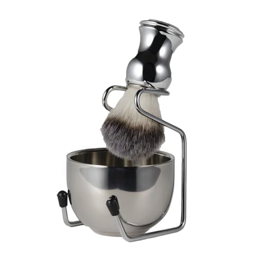 AIMALL 3-in-1 Men's Shaving Brush Set - Premium Nylon Fiber Beard Brush with Stainless Steel Bowl & Stand, Portable Grooming Kit (3.2" Bowl, 4.1" Brush)