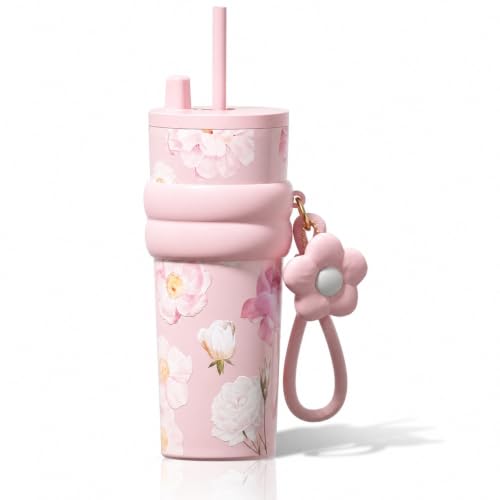 Image of Pink Floral Tumbler for Women, Stainless Steel Tumbler 710 ml, Birthday Graduation Gifts for Women Mom Sister Best Friends, Pink Floral Travel Coffee Gift Gym Travel Yoga Cup