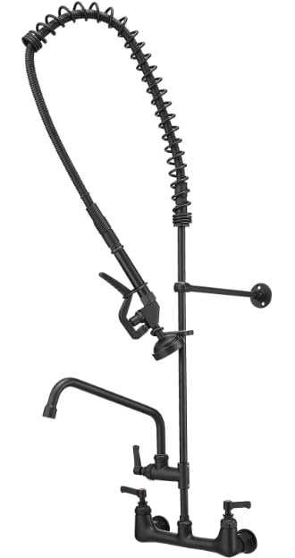 BWE Matte Black Commercial Kitchen Faucet with Spring Pull Down Sprayer Industrial with 12" Swivel Spout 41" Height Wall Mount Kitchen Sink Faucet with Pre-Rinse Sprayer