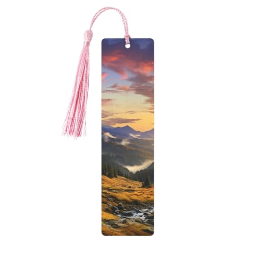 タッセル付き木製しおり ヴィンテージ木製しおり 山の日没の風景 ファンシー ハンドメイド クラフトブックマーク 読書ページマーカー 木製ハンギングタグ オーナメント 本好き向け