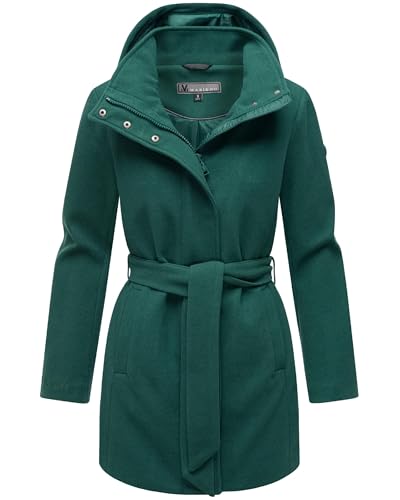 MARIKOO Damen Langer Trenchcoat warme Übergangsjacke in Woll-Optik mit Abnehmbarer Kapuze Katalinaa 16 Evergreen Gr. S