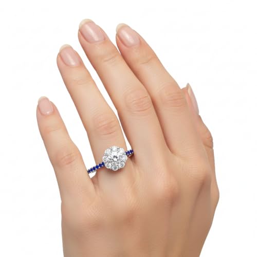 Image of Choose Your Gemstone Flower Halo Diamond CZ Ring 925 Sterling Silver Round Shape Halo Engagement Rings Everyday Jewelry Wedding Jewelry Handmade Gifts for Wife US Size 4 to 12