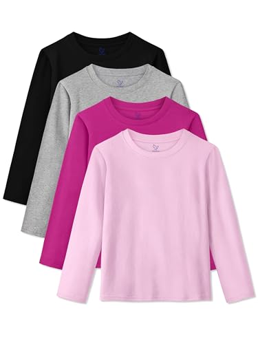 Image of 4 Pack Girls Long Sleeve Shirts Cotton T-Shirts Tagless Kids Tees Clothes | Basic Girls Shirts Toddler & Youth, Cozy & Soft, Reinforced Rib-knit Neck & Cuffs & Hem, Perfect for Layering or Daily Wear