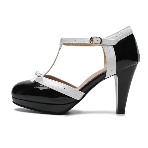 Womens T-Strap Mary Janes Platform Bow Heels Lolita Shoes Round Toe Ankle Strap Vintage 1950 Dress Shoes Oxfords Pumps 6