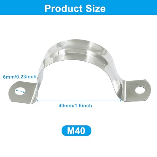 Image of 25 Pack, 1-1 /2 Inch (40mm) M40 Rigid Pipe Strap | Stainless Steel, Two Hole Cable Strap, U Bracket Conduit Clamp, Silver