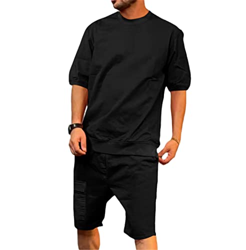 Survêtement d'été 2 pièces solide pour homme - Haut décontracté - Short cargo - Tenue de sport ample, Noir , M Cover