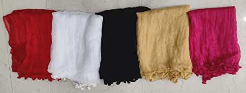 Image of YOUTHQUAKE Women's Solid Casual Dailywear Faux Chiffon Multi Color Dupatta With Pum Pum Lace (Set of 7)