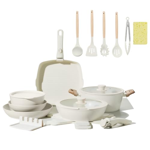 BECIGAR 23pcs Ceramic Pots and Pans Set, Nonstick Detachable Handle Cookware, Induction Kitchen Cooking Set with Removable Handle,include Frying Pans & Saucepans Oven Safe, Induction, Stackable Set