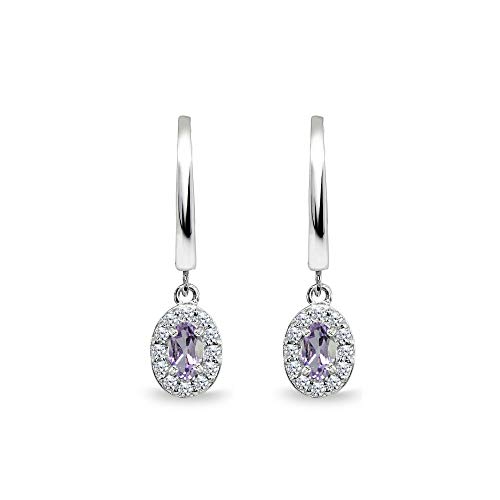 Sterling Silver Genuine or Synthetic Gemstone & CZ Oval-Cut Halo Small Dangle Huggie Hoop Earrings3