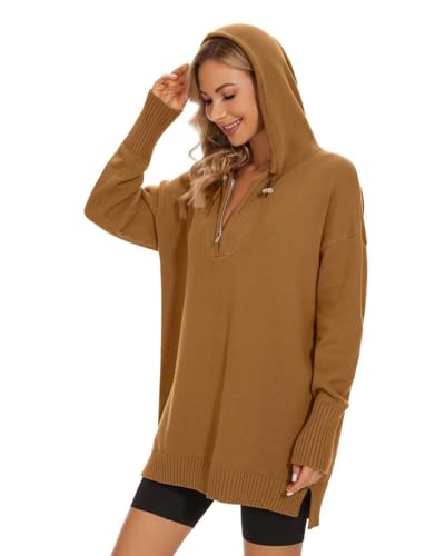 Image of Women's Hooded Sweater Loose Half Zip Drawstring Pullover Sweatshirt Top Casual Long Sleeve Side Slit Knit Hoodie