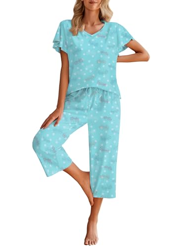 Image of Ekouaer Womens Cotton Pajamas Sets Short Sleeve Capri Pants with Pockets