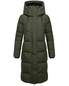 MARIKOO Damen Langer Wintermantel warmer Steppmantel mit abnehmbarer Kapuze und magnetischen Details Chumanii XVI Dark Olive Gr. L