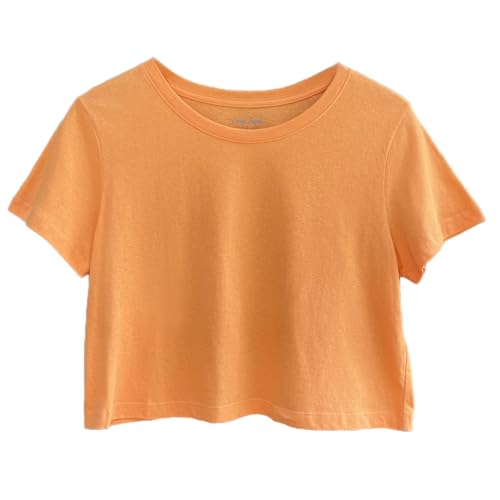 Image of Womens 100% Cotton Crop Tops Short Sleeve Crewneck Loose Fit Basic Tee Summer Casual Workout T-Shirt Fashion Clothes