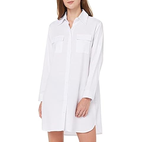 Amazon Brand - Find. - Vestido Camisero Informal para Mujer Abotonado, con Cuello de Pico, Manga Larga y Bolsillos, Blanco, Size S Cover