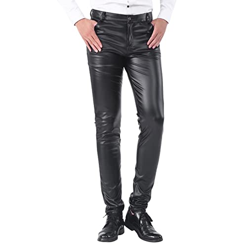 Lederhose für Herren, schmale Passform, glänzendes Metallic-Kunstleder, Motorradhose, dehnbar, lässig, lange Hose, langlebig, wasserdicht, Sweathose, Nachtclub, Cosplay-Hose, Schwarz , L