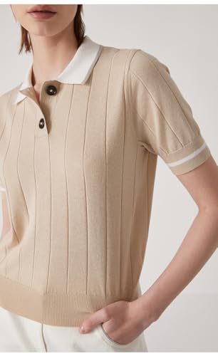 Knit Polo Sweater, Linen Blend Short Sleeve, Ribbed Pattern, Button Detail, BC1150 (US, Alpha, Large, Regular, Regular, Khaki)3