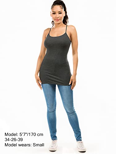 Image of Long Cotton Camisole Tank Tops for Women | Basic Braless Layering Tops with Adjustable Spaghetti Straps