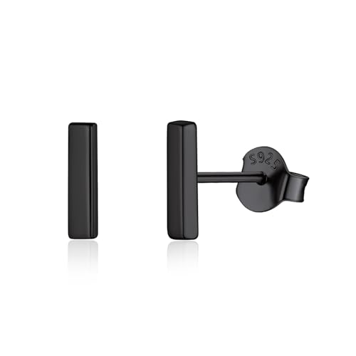 ChicSilver 925 Sterling Silver Earrings Dainty Bar/Circle/Triangle/Star/Ball Stud Earrings for Women with Gift Box, Hypoallergenic Earrings for Sensitive Ears Bar - Black