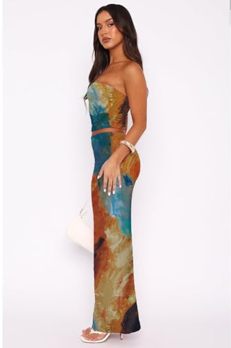 Image of Two Piece Dress Outfits for Women Sleeveless Tube Tops Bodycon Maxi Dress Summer Strapless Crop Top Sexy Suits Set