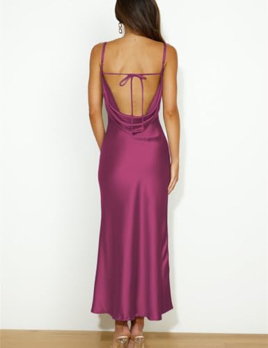 Image of Summer Satin Spaghetti Strap Cowl Neck Backless Midi Dresses for Women Elegant Tie Low Back Ruched Cocktail Dress