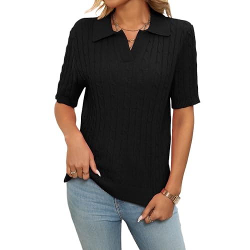 Women Short Sleeve Sweater Tops Summer V Neck Cable Knit Pullover Casual Lapel Shirts2