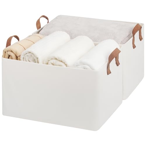 StorageWorks 45L Extra Large Fabric Storage Bins with PU Handles, Storage Baskets for Organizing, Large Laundry Basket, 2-Pack, Beige, 19" L X 13.25" W X 11" H