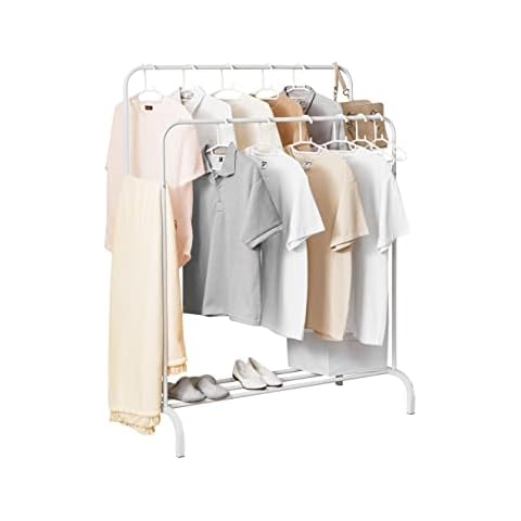 Clothes Rail, Coat Stand with 2 Clothes Rails and Shelf, Freestanding Clothes Rail, Clothes Rack, Stable Double Rods Bedroom, White Cover