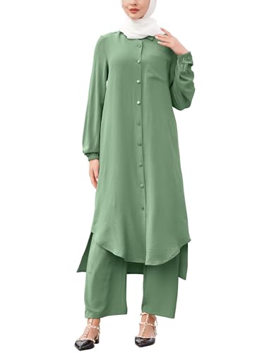 IDOPIP Abaya Dress for Women Muslim Set Long Sleeve Chiffon Islamic Dress Shirt with Pants 2PCS Dubai Prayer Casual Clothes