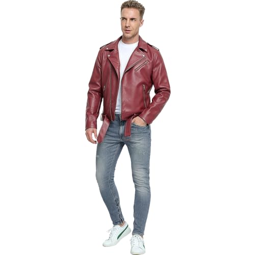 Image of Fahsyee Leather Jackets for Men, Faux Bomber Jacket Mens Motorcycle Lapel Asymmetric Zip-Up Belt Slim Fit Biker Coat