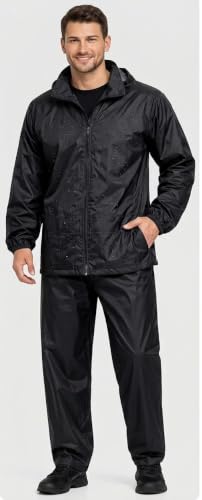 Image of Rain Coat for Men Waterproof with Pants black colour Polyester Bike RainSuit RainJacket Suit Mobile Pocket with Storage Bag