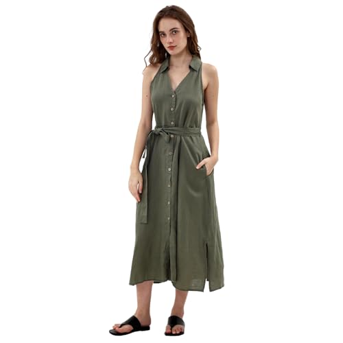 Robe midi en lin Amazhiyu légère et respirante avec poches fonctionnelles
