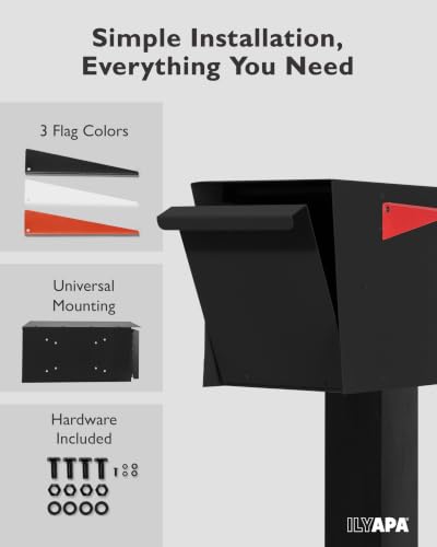 Image of Ilyapa Modern Mailbox for Post Mount - Black with Black Door Heavy Duty Powder Coated Steel, Waterproof Letter Box for Curbside Parcels, Corrosion Resistant with Recessed Magnetic Close Door, Large