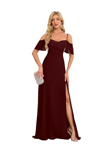 Image of Women's Off The Shoulder Mermaid Bridesmaid Dresses with Slit Long Chiffon Formal Evening Gown Burgundy US2 HGR93