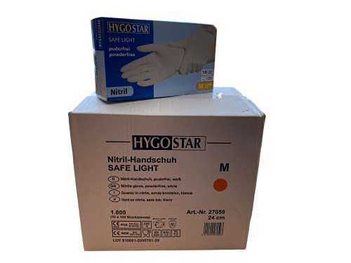 FRANZ MENSCH Hygostar Nitrilhandschuhe Safe Light | puderfrei, Karton, weiß, 8/M, 24cm, 1000 Stück, Einweghandschuhe, Einmalhandschuhe