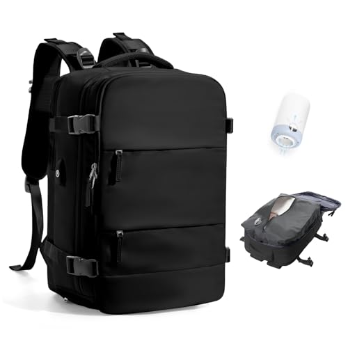 Vacuum Travel Backpack with Pump Women,Personal Item Carry on Backpacks Flight Approved 18x14x8 inches Men,Laptop Waterproof Work Compression bags Casual Daypack Mochila de Viaje Compresion al Black
