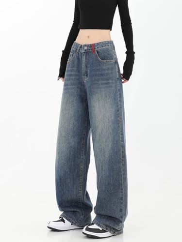 Women's Y2K Street Fashion Baggy Jeans Red Pocket High Waist Wide Leg Denim Pants4