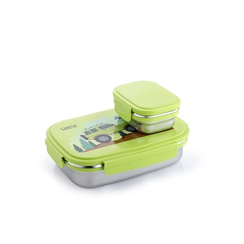 Image of Ganesh 900 Elite Stainless Steel Tiffin Box Set | 600ml Main Box + 125ml Container | Compact & Leak Resistant | Food Grade Stainless Steel Tiffin with Lid | Color May Vary