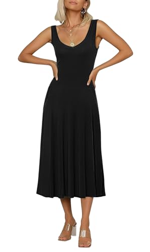 Urban CoCo Women's Summer Casual Sleeveless Flared Midi Dress Swing T-Shirt Dresses with Pockets (L, Black)
