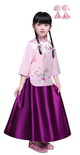 Image of CRB Fashion Chinese Qipao Kids Girls Top Shirt Skirt Dress Clothing Hair Clips Outfit 4 PIECE SET (Pink Purple, 7 to 8 Years)