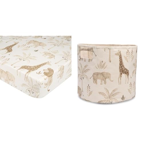 Image of Crane Baby Soft Cotton Crib Sheet, Storage Bin, Safari Animal Print, 28”w x 52”h x 9”d