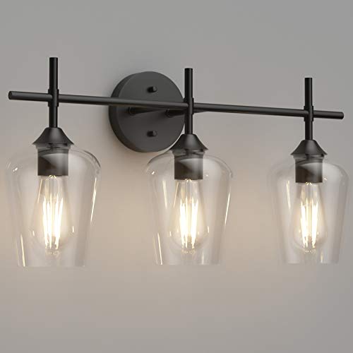 Ralbay Industrial Bathroom Vanity Light Fixtures 3-Lights Matte Black with Clear Glass Vintage Edison Wall Lamp Light Fixture for Bathroom