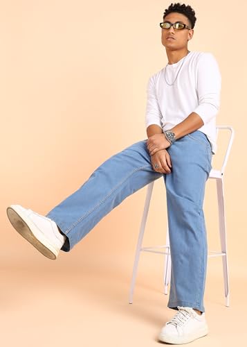 Image of MONTREZ Straight Fit Men Light Blue Mid Rise Jeans