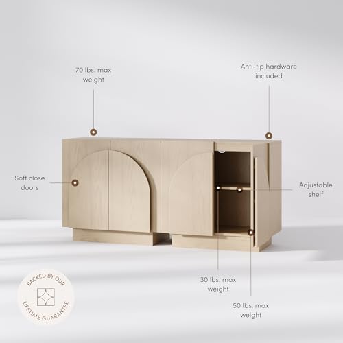 Image of Nathan James Iris Mid-Century Modern Buffet Sideboard Credenza TV Stand, Light Brown Wood Storage Cabinet with Arched Doors, White Oak, Set of 2
