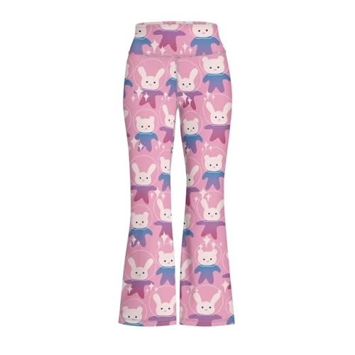 Hawapod Bell Bottoms for Girls Pink Bunny Pattern Flare High Waisted Tummy Control Bell Bottom Pants