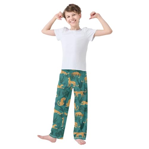ZZXXB Leopard Leaves Boys Long Pants Soft Trousers Elastic Waist Kids Lounge Bottoms with Pockets S-XL2