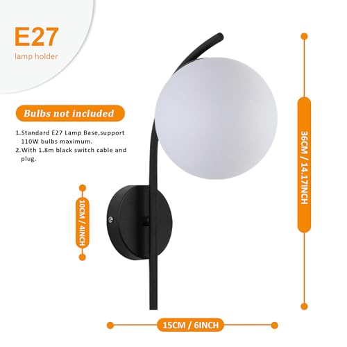 Image of Wall Sconces Plug in, Hanging Wall Lamp with Plug in Cord, Metal Wall Lamp White Glass Globe Indoor Wall Decor Light for Bedroom, Farmhouse, Hallway, Living Room, Kitchen, Black