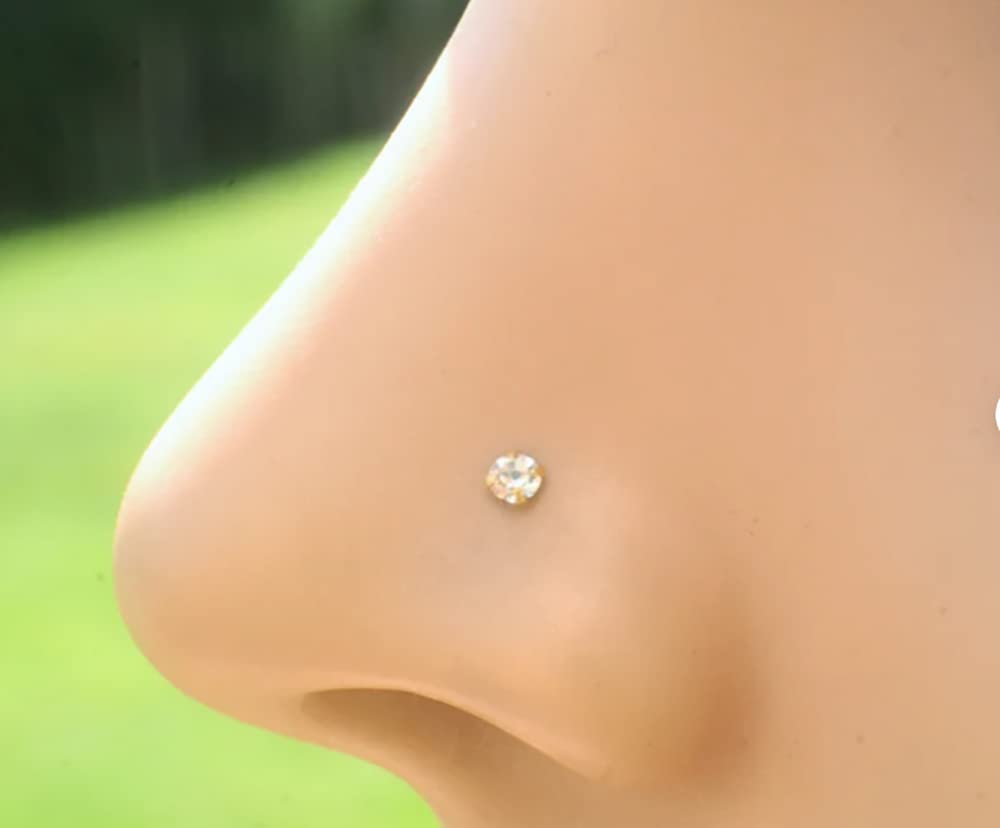 Piercing para nariz de oro amarillo macizo de 14 quilates, calibre 22, con diamante cultivado en laboratorio