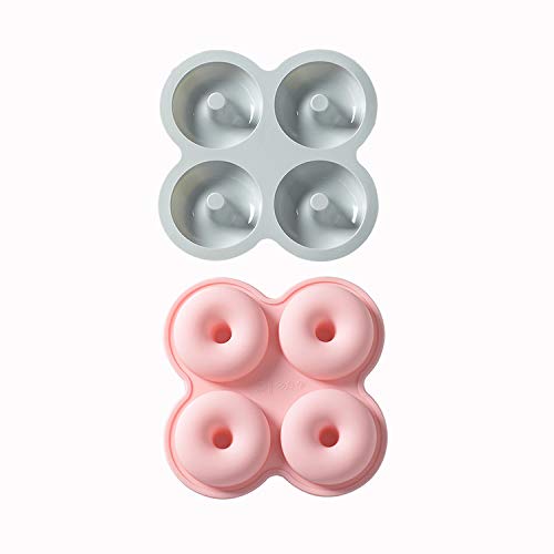 TNOMSNOPack of 2 Donuts Baking Moulds, 4 Cavities Non-Stick Coating, Heat Resistance and Silicone Baking Mould, Doughnut Mould for Cakes, Biscuits, Bagels and Muffins