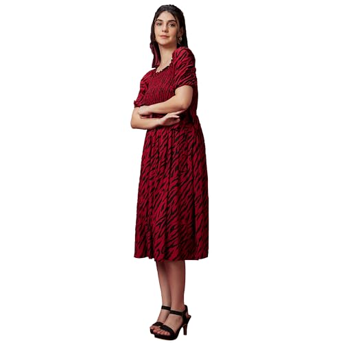 Image of Globus Women Black and Red Square Neck Puff Sleeve Smocked Midi Dress-3640243001